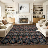 Garvee Boho Area Rug - Soft Washable Printed Floral Rug, Low Pile Non Shedding Non Slip Rug, Indoor Foldable Vintage Rug Carpet - Blue-Black