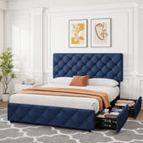 Garvee Full Size Modern Upholstered Platform Bed Frame with 4 Storage Drawers - Adjustable Button Tufted Headboard - No Box Spring Needed - Blue - Blue
