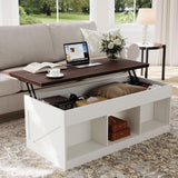 Garvee Farmhouse Lift Top Coffee Table with Storage, 2-in-1 Coffee Table with Hidden Compartment & Open Shelf, Rising Top Center Tables for Living Room, Home Office, Brown & White
