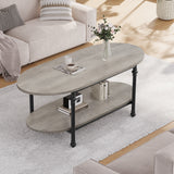 Garvee 2-Tier Modern Oval Coffee Table – Wooden Center Table with Open Storage Shelf, Fluted Metal Legs, Industrial Style for Living Room, Bedroom, Office – Grey - Gray