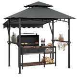 Garvee 8' x 5' Grill Gazebo Canopy with 7' x 3' Awning, Heavy-Duty Q235 Steel Frame, Double-Tiered Waterproof Roof, Shelves & LED Lights, Grey, Patio BBQ - Grey