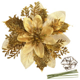 Garvee Set of 12 Glitter Artificial Poinsettia Flowers - Lifelike Xmas Floral Ornaments with Clips - Perfect for Christmas Tree, Wreath, Garland, Wedding, Home Decor - Gold, 15cm