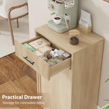 Garvee Fluted Tilt-Out Laundry Hamper Cabinet with Drawer - Removable Basket, Hidden Trash Can/Laundry Storage for Bathroom/Kitchen - Natural Wood Color - Single Cabinet - Cherry