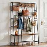Garvee Space-Saving Industrial Hall Tree with Bench – 5-Tier Shelves – 11 Removable Hooks – Entryway Coat Rack with Shoe Storage Organizer – Ideal for Entryway or Mudroom – Matte Black + Vintage - Matte Black + Vintage