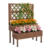Garvee Raised Garden Bed with Trellis, 2-Tier Brown Wooden Planter on Wheels with Legs and Drainage Holes for Patio, Balcony and Backyard Gardening