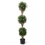 Garvee 4 ft Artificial Triple Ball Boxwood Topiary Tree with Pot & Blossoms
