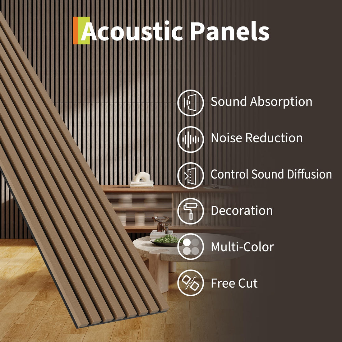Garvee Set of 6 Modern 3D Fluted Acoustic Wood Slat Wall Panels 47.2" x 11.8" Soundproof Decorative Panels for Home Theater, Office, Studio and Interior Walls, Walnut