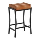 Garvee Modern Saddle Counter-Height Bar Stool, 1 Piece (26 in) - Thick Padded Faux Leather Seat - Sturdy Metal Frame w/ Footrest - Kitchen Island & Dining Room - Black iron frame + brown PU-wrapped seat cushion, 1 unit