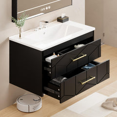 Garvee Modern 24" Floating Bathroom Vanity in Humidity-Resistant Design with Soft-Close Drawers and Gold Handles, Black - Black