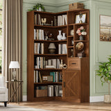 Garvee 74" Tall Corner Bookshelf, 6-Tier L-Shaped Corner Bookcase with Open Shelves, Drawer & Cabinet, Modern Display Storage for Home Office, Walnut - Walnut