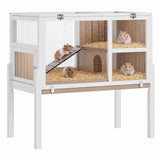Garvee 38" Wooden Guinea Pig Cage with Stand, 2-Story Small Animal Habitat with Clear View Panels, Pull-Out Tray & Lockable Door, Rabbit Hutch, White - Light Gray