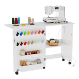 Garvee Collapsible Sewing & Craft Table with Charging Station - Lockable Wheels, Storage Trays, Shelf, Pegs, Magnetic Locks - Space-Saving Portable Sewing Machine Cabinet Desk with USB Type-C, Side Bins - White - White