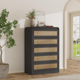 Garvee Modern 5 Drawer Dining Table Dresser – Black Embossed Chest with Rattan, Ample Storage, Curved Design, TV Stand Function – 5-Drawer Cabinet, Black Embossed with Rattan - Black