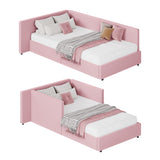 Garvee Velvet Upholstered Twin Daybed Sofa - Corner Bed Frame with Headboard, Guardrail, Sturdy Wooden Slats, Adjustable Installation, Ideal for Bedroom or Guest Room - Size: Twin, Color: Pink - Pink