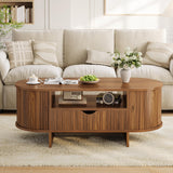 Garvee 47.2" Oval Coffee Table with Storage, Mid-Century Modern Fluted Accent Table - Sliding Doors & Drawer - Rounded Corners, Plinth Base - Living Room, Small Spaces - Large Leaf Walnut - Walnut