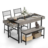 Garvee Space-Saving 4-Piece Dining Table Set for 4 – Rectangular Kitchen Table with 2 Chairs, Bench, Double Storage Drawers & Rack, Farmhouse Breakfast Nook for Apartment, Restaurant or Small Spaces, Grey
