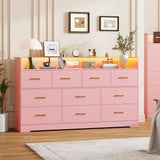 Garvee 10 Drawers Dresser with Open Shelf, 65" Wide Chest of Drawers with Large Storage Space and Charging Station, Modern Organizer Cabinet for Bedroom, Living Room, Hallway, Pink - Pink