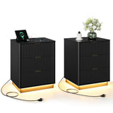 Garvee Modern Fluted Nightstands with Charging Station & LED – Set of 2 Wooden Bedside Tables, 3 Drawers, Spacious Storage – Mid-Century Style for Bedroom – 20"W x 15.7"D x 24"H – Black