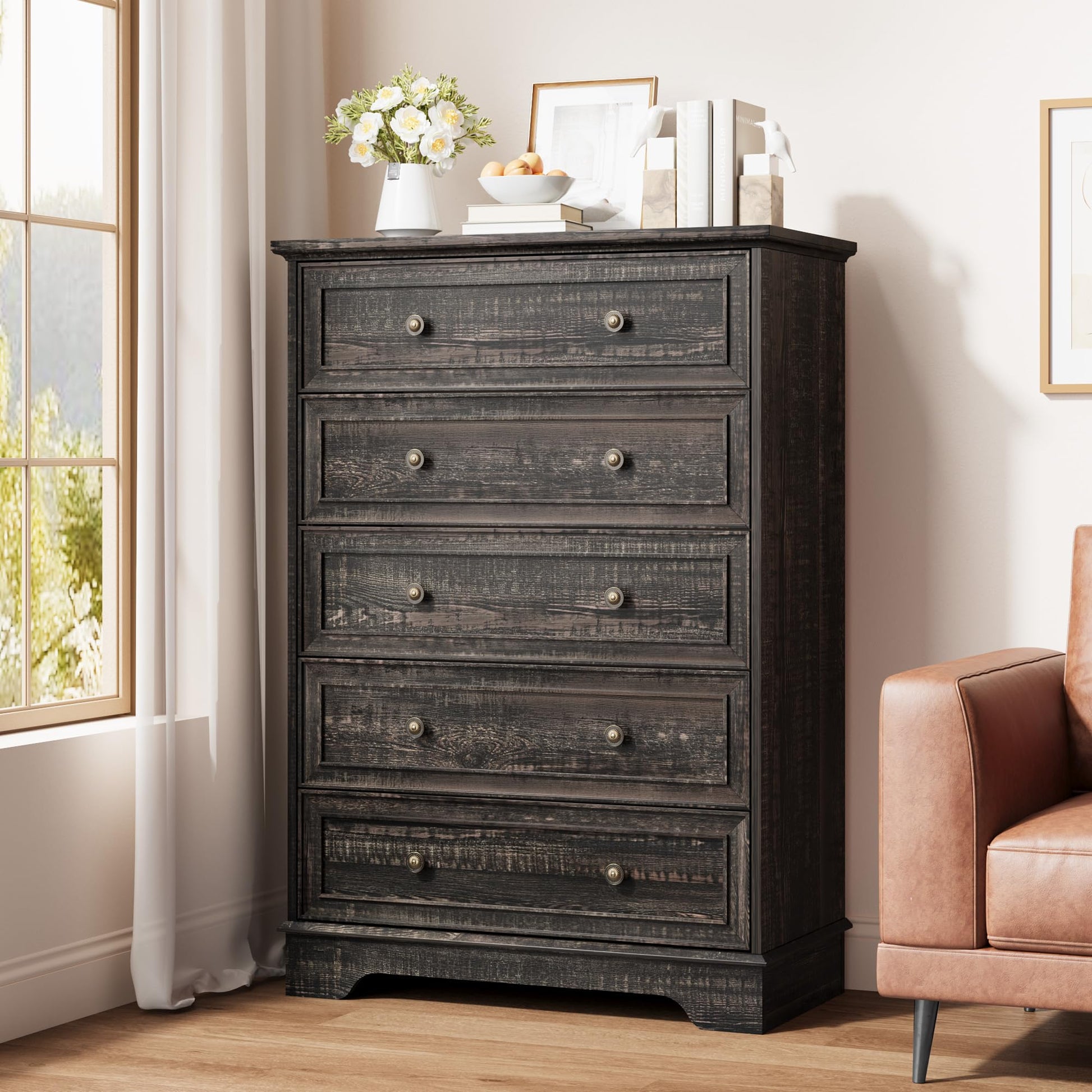 Garvee Farmhouse 5 Drawer Dresser for Bedroom - Vertical Chest Cabinet with Generous Storage