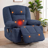 Garvee 360° Swivel Rocker Glider Recliner Chair for Adults - Extra Wide Manual Recline - Vibration Massage & Heat - Cup Holder + Side Storage - Blue Corduroy - Corduroy|Blue