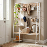 Garvee Space-Saving Hall Tree with Bench – 5-Tier Shelves – 11 Hooks – Freestanding Industrial Entryway Coat Rack & Shoe Storage Organizer – Perfect for Entryway, Mudroom, or Apartment – Matte White + Natural Wood - Matte White + Natural Wood