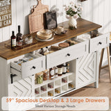Garvee Farmhouse Buffet Cabinet with Sliding Barn Door – 3 Drawers, Adjustable Shelf, Removable Wine Rack, Rustic Sideboard for Dining Room, Kitchen – vintage White and Wood Color, 1.5m