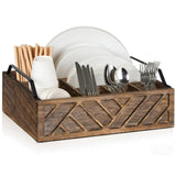 Garvee Portable 6-Compartment Kitchen Paper Plate Dispenser & Utensil Holder with Handles, Farmhouse Style Wooden Organizer for Disposable Plates, Forks, Knives, Spoons, Napkins, Cups & Straws, Countertop St