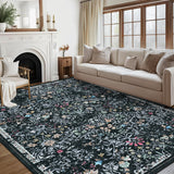 Garvee Black Multi Washable Floral Area Rug 5' × 7', Non Slip Low Pile Stain Resistant Botanical Rug for Living Room Bedroom Nursery - Black