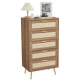 Garvee Modern Rattan 5-Drawer Dresser with Metal Handles & Splayed Legs – MDF Chest of Drawers for Bedroom, Entryway & Living Room Storage-Dark Walnut - Walnut