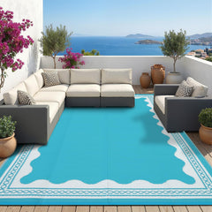 Garvee Outdoor Rug 8x10 Scalloped Waterproof Reversible Plastic Straw Foldable Lightweight Patio Deck Beach - Blue