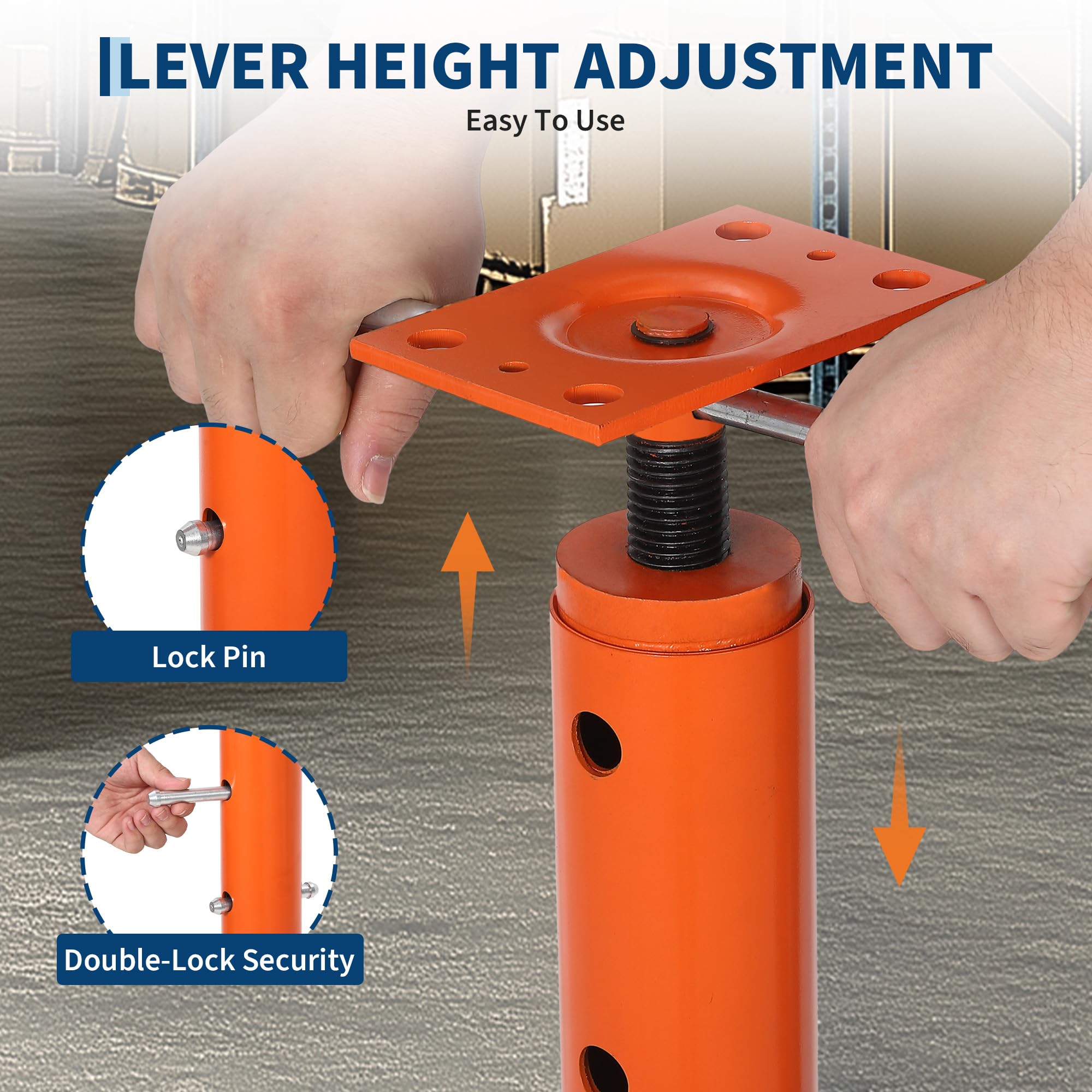 Close view of jack post lever adjustment and two lock pins