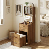 Garvee 3 in 1 Vanity Desk with Hidden Storage Chair, Compact Makeup Table Set with 3 Color LED Mirror, Charger Station, Drawers & Acrylic Doors, Vanity Table, Jewelry Box, for Bedroom, Walnut - Walnut