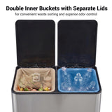 Garvee 16 Gallon/60L Dual Compartment Kitchen Trash Can & Recycling Bin - Stainless Steel Step Pedal - Soft-Close Odor-Blocking Lid - 2 Removable Inner Buckets - Silver - Sliver