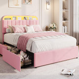 Garvee Upholstered Queen Bed Frame with Storage Drawers, Velvet Platform, Bookcase Headboard, Built-in LED Lights, Noise-Free, No Box Spring Needed, Easy Assembly - Pink, Queen Size