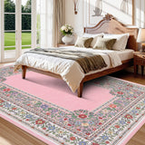 Garvee 5' × 7' Vintage Floral Border Area Rug, Machine Washable Non-Slip Low-Pile Soft Rug for Living Room, Bedroom & Nursery, Pink - Pink