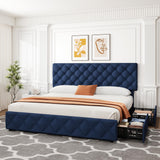Garvee King Size Modern Upholstered Platform Bed Frame with 4 Storage Drawers - Adjustable Button Tufted Headboard - No Box Spring Needed - Blue - Blue