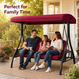 Garvee Patio Swing Chair, 3-Seat Heavy-Duty Steel Frame with Adjustable Canopy and Cushioned Bench, Wine Red, No Throw Pillow