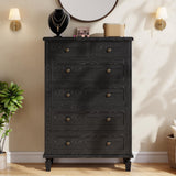 Garvee Vintage 47" Tall 6 Drawer Dresser – Wood Chest with Carved Handles & Tapered Legs – Large Capacity for Bedroom, Living Room, Entryway – Distressed Ash Black - Black