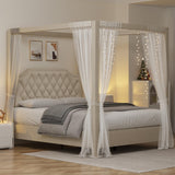 Garvee Full Canopy Bed Frame with Upholstered Headboard, Four Poster Design, Button Tufted, and Slide Rail, No Box Spring Required, Wooden Slatted Structure, Beige - Beige
