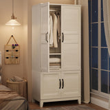 Garvee Spacious Modern Wooden Wardrobe Closet - Tall Storage Armoire with 4 Doors, Adjustable Shelves, Hanging Rod, Large Capacity Organizer for Bedroom or Living Room - Rustic White Finish, White - Rustic White