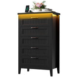 Garvee 5 Drawer Dresser for Bedroom with Charging Station and LED Lights, Farmhouse 44.9" Tall Chest of Dresser with Large Storage for Living Room, Hallway & Entryway, Black - Black