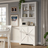 Garvee 72" Tall White Kitchen Hutch Cabinet with Glass Doors, 41" Wide Freestanding Storage Cabinet with Charging Station & LED Lights, Open Counter Shelf and Double Lower Doors, Farmhouse Buffet for Dining - White
