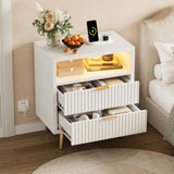 Garvee 2 Drawers Dresser for Bedroom, 23.6" w Wooden Dresser with LED Lights and Charging Station, Fluted Wood TV Stand with Gold Handle, Modern Chest of Dressers for Closet, Living Room, Hallway, White - White