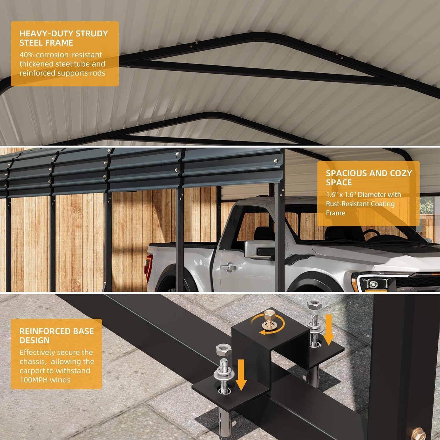 Close-up collage of metal carport roof supports, coated steel posts and reinforced base connection