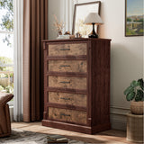 Garvee Farmhouse 5 Drawer Tall Dresser – Rustic Wooden Chest with Metal Handles – Large Vertical Storage Cabinet for Bedroom, Living Room, Hallway – Dark Walnut Y44064I + Garnet L23064I - Brown
