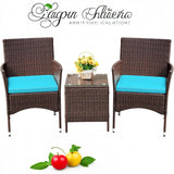 Garvee 3-Piece Rattan Patio Bistro Set, Outdoor Wicker Chairs with Peacock Blue Cushions & Glass Top Table, Brown - Brown/Peacock Blue