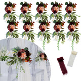 Garvee 10-Pack Artificial Wedding Pew Flowers - Faux Rose & Eucalyptus Chair/Aisle Bouquets with Chiffon Ribbon, Reusable Church Ceremony Bridal Shower Party Decor, 14cm - Color: Wine Red, Ribbon Neutral-Tone Tone + Wine Red - Wine Red, Off-White