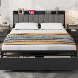 Garvee Modern Queen Platform Bed Frame with Storage Headboard - 2 Large Soft-Pack Iron Mesh Drawers - Built-in Type-C Charging Station - Sturdy Metal & Wood Construction - Black Upholstered Base - No Box Spring Needed - Color: black, Power: With Type-C - Black