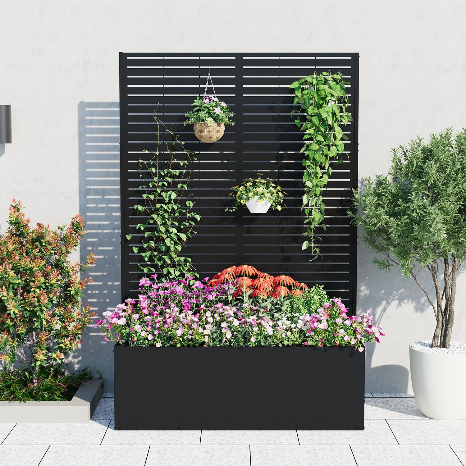 castlecreek small square raised galvanized steel planter box with trellis Garvee Metal Planter Box with Trellis and Wheels, 71"x47"x16" Raised Garden Bed for Climbing Plants, Vegetables, Vines, Privacy Planters for Patio
