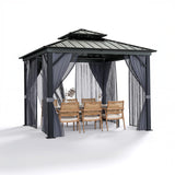 Garvee 10x10 ft Hardtop Gazebo, All-Weather Aluminum Frame Outdoor Pavilion with Double Roof, Mosquito Netting, Privacy Curtains & UPF 50 Protection, Gray